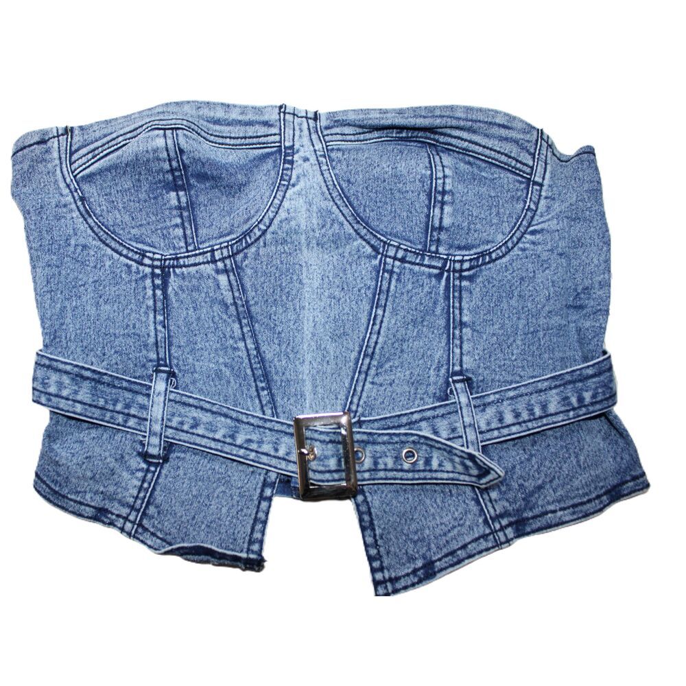 NWT Womens THRILL Jeans Denim Corset Blue Denim Silver Hardware Crop Top Size M
